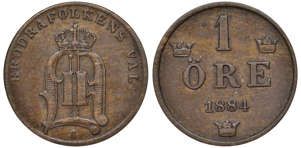 Швеция 1 эре 1884 Оскар II (1872-1907) король Швеции и Норвегии KM 750 бронза 4588-1152