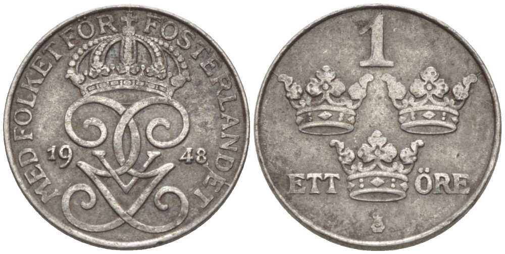 Швеция 1 эре 1948 Густав V (1907-1950) KM 810 железо 116-1131