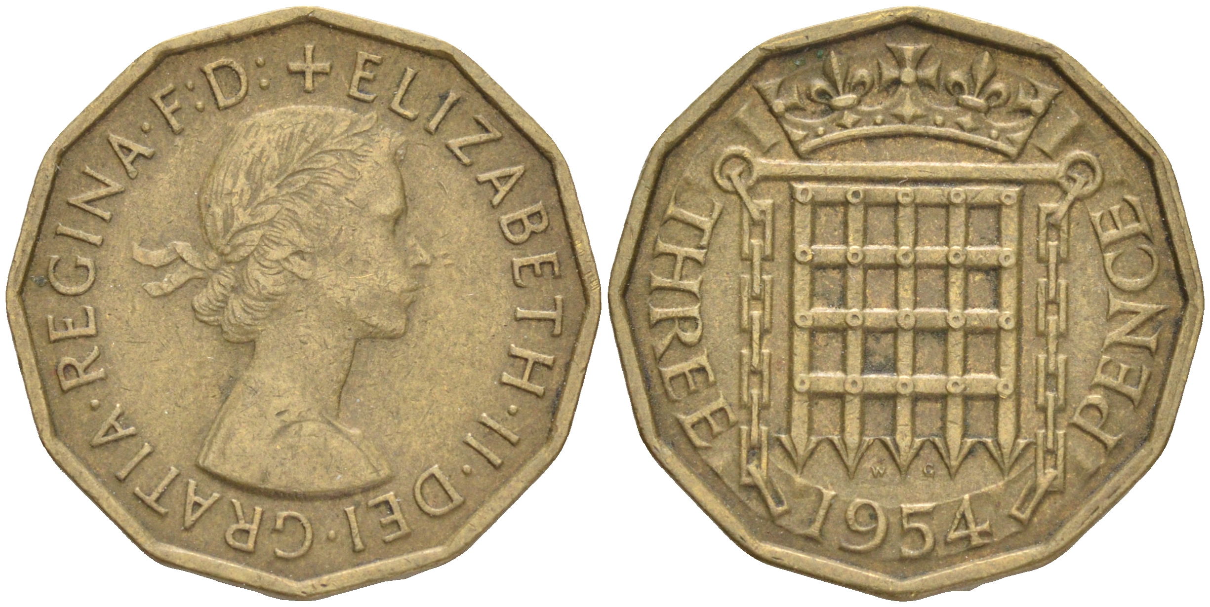 Великобритания 3 пенса 1954 Елизавета II (1952-2022) KM 900, Spink 4153 никель латунь 4556-455