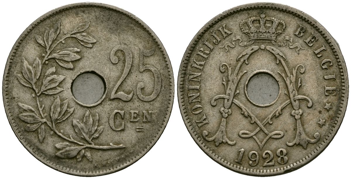 Бельгия 25 сантимов 1928 Belgie KM 69 медно-никель 4131-634