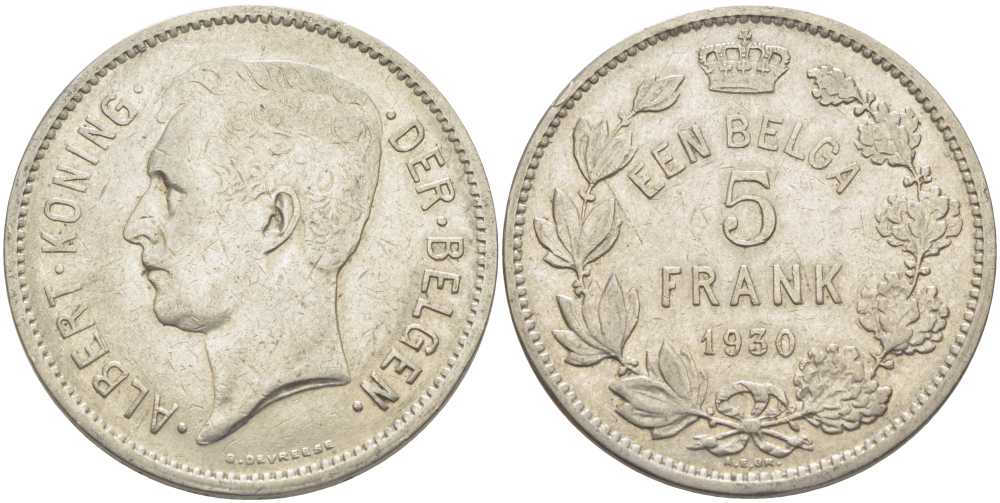 БЕЛЬГИЯ 5 ФРАНКОВ 1930 АЛЬБЕРТ I, DER BELGEN KM 98 никель 3851-324