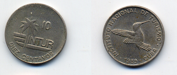 Куба 10 сентаво 1989 туристические деньги, INTUR, цифры номинала маленькие KM 415.2a медно-никель 4381-724