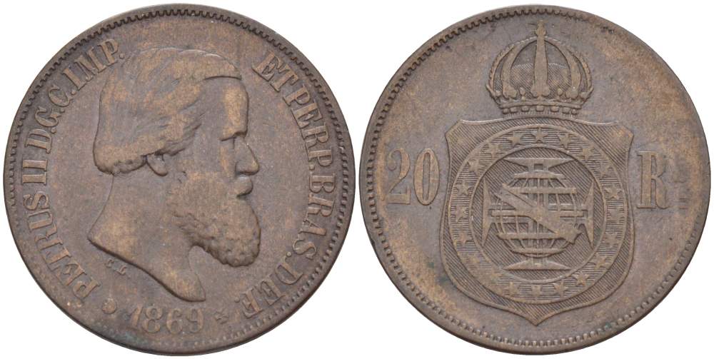 Бразилия 20 рейсов 1869 Педро II (1831-1889) KM 474 бронза 4529-444