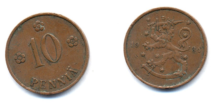 Финляндия 10 пенни 1934 республика (1918-1962) KM 24 медь 51-5411