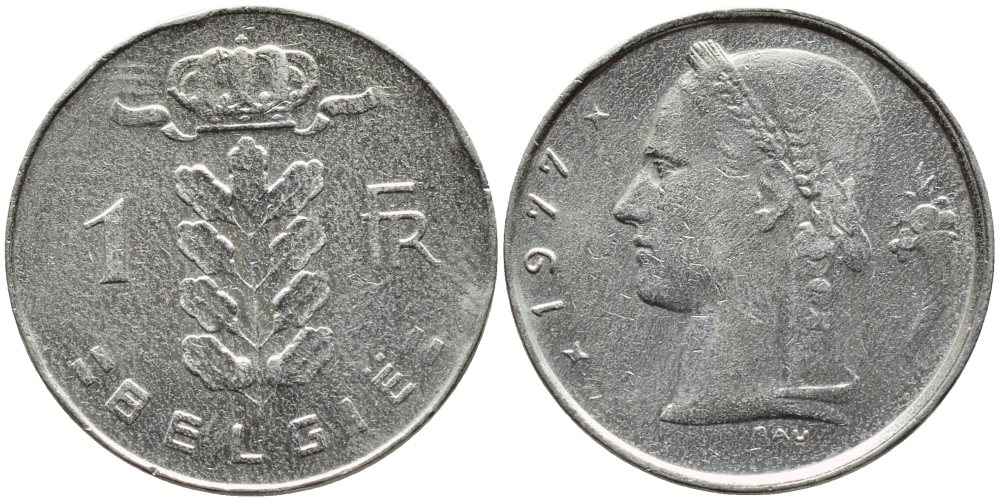 БЕЛЬГИЯ 1 ФРАНК 1977 BELGIE KM 143.1 медно-никель 4379-656