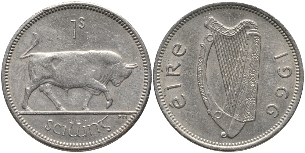 ИРЛАНДИЯ 1 ШИЛЛИНГ 1966 БЫК KM 14а медно-никель 89-644