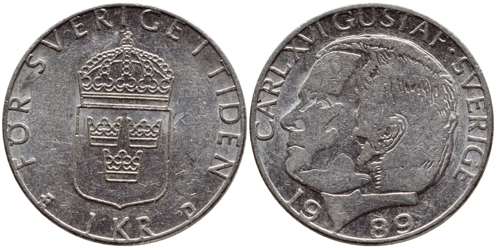 Швеция 1 крона 1989 Карл XVI Густав (1973- ) KM 852a медно-никель 4398-1213