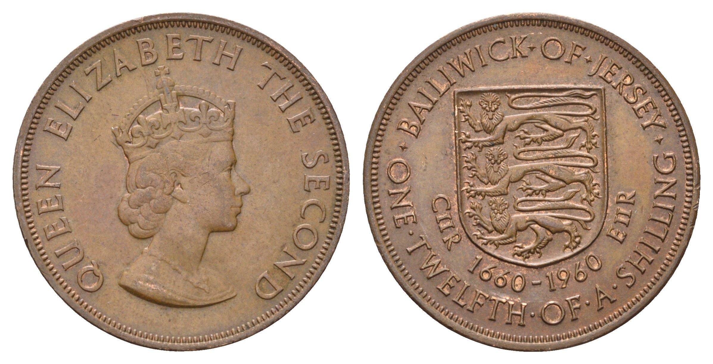 Джерси 1/12 шиллинга 1960 Елизавета II (1952-2022), 300 лет вступления на престол короля Карла II KM 23 бронза 4178-931