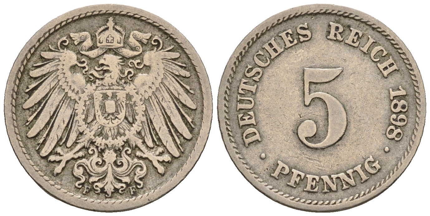 Германия 5 пфеннигов 1898 F, KM 11, J. 12 медно-никель 220-742