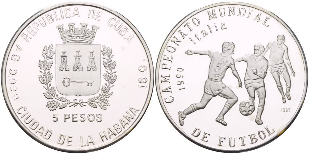 Куба 5 песо 1989 чемпионат мира по футболу в Италии 1990 года, три игрока KM 225 серебро PROOF 11-085-35