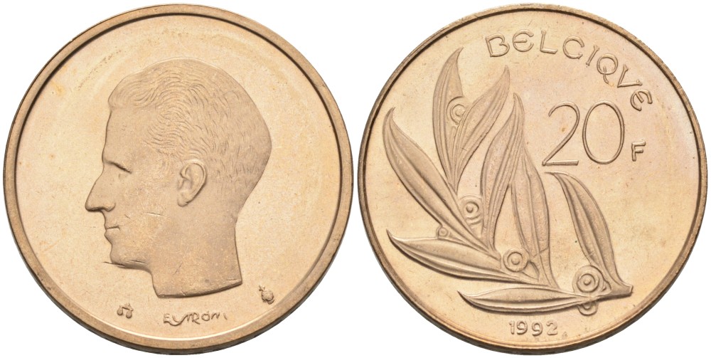 Бельгия 20 франков 1992 Belgique KM 159 никель бронза UNC 189-925