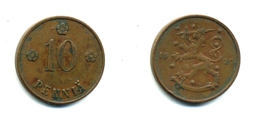 Финляндия 10 пенни 1927 республика (1918-1962) KM 24 медь 46-1556