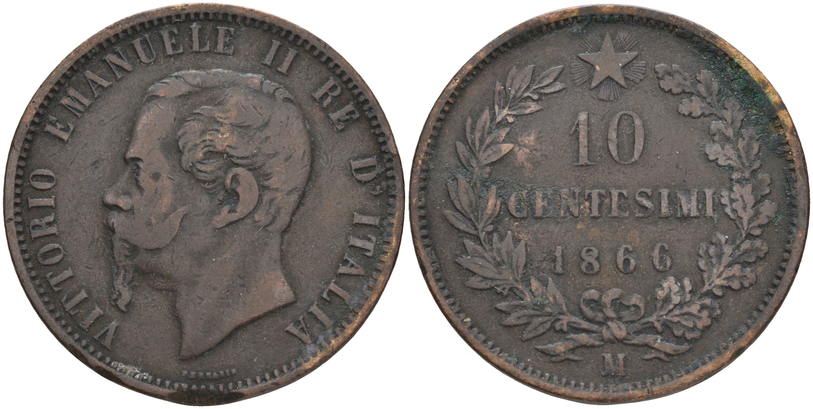 ИТАЛИЯ 10 ЧЕНТЕЗИМО 1866 М, ВИКТОР ЭММАНУИЛ II (1861-1878) KM 11.1 бронза 189-511