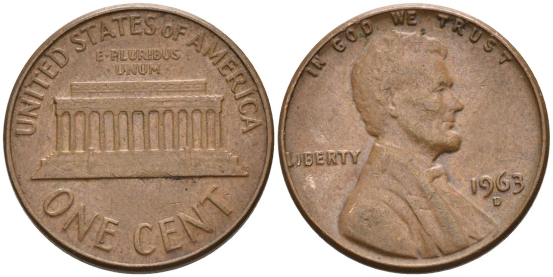 США 1 цент 1963 D, Линкольн KM 201 медь цинк 4564-426