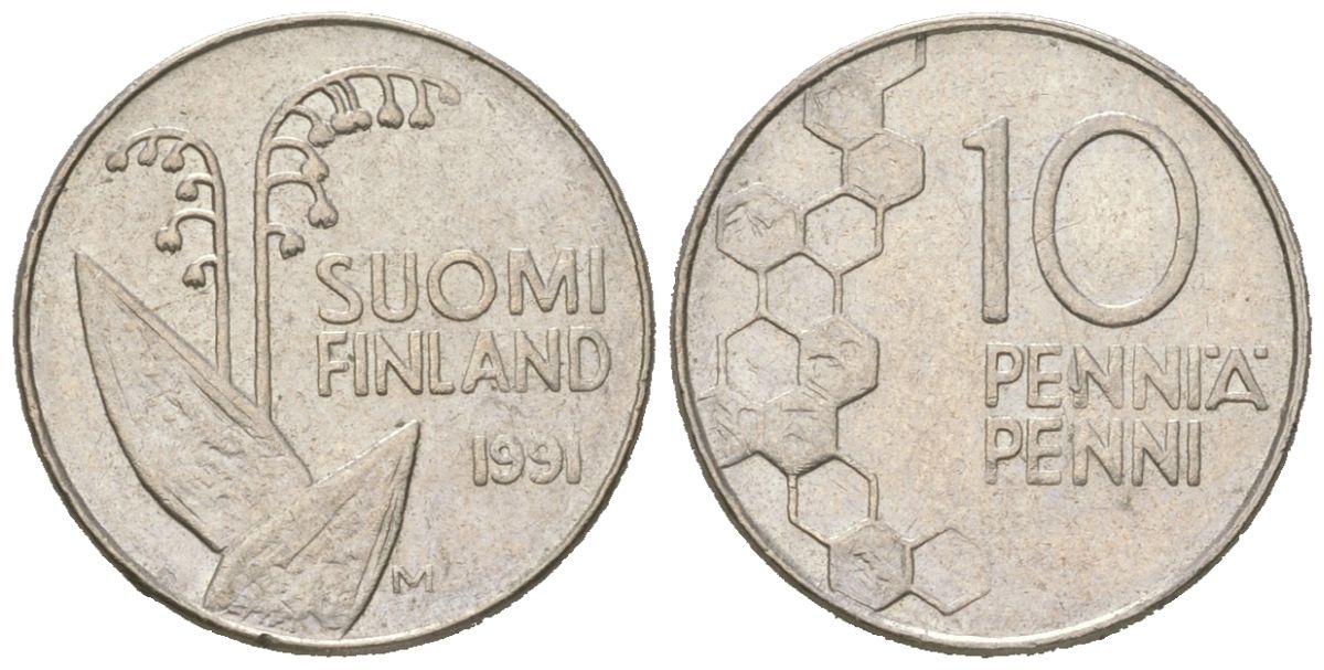 Финляндия 10 пенни 1991 KM 65 медно-никель aUNC 4617-1259
