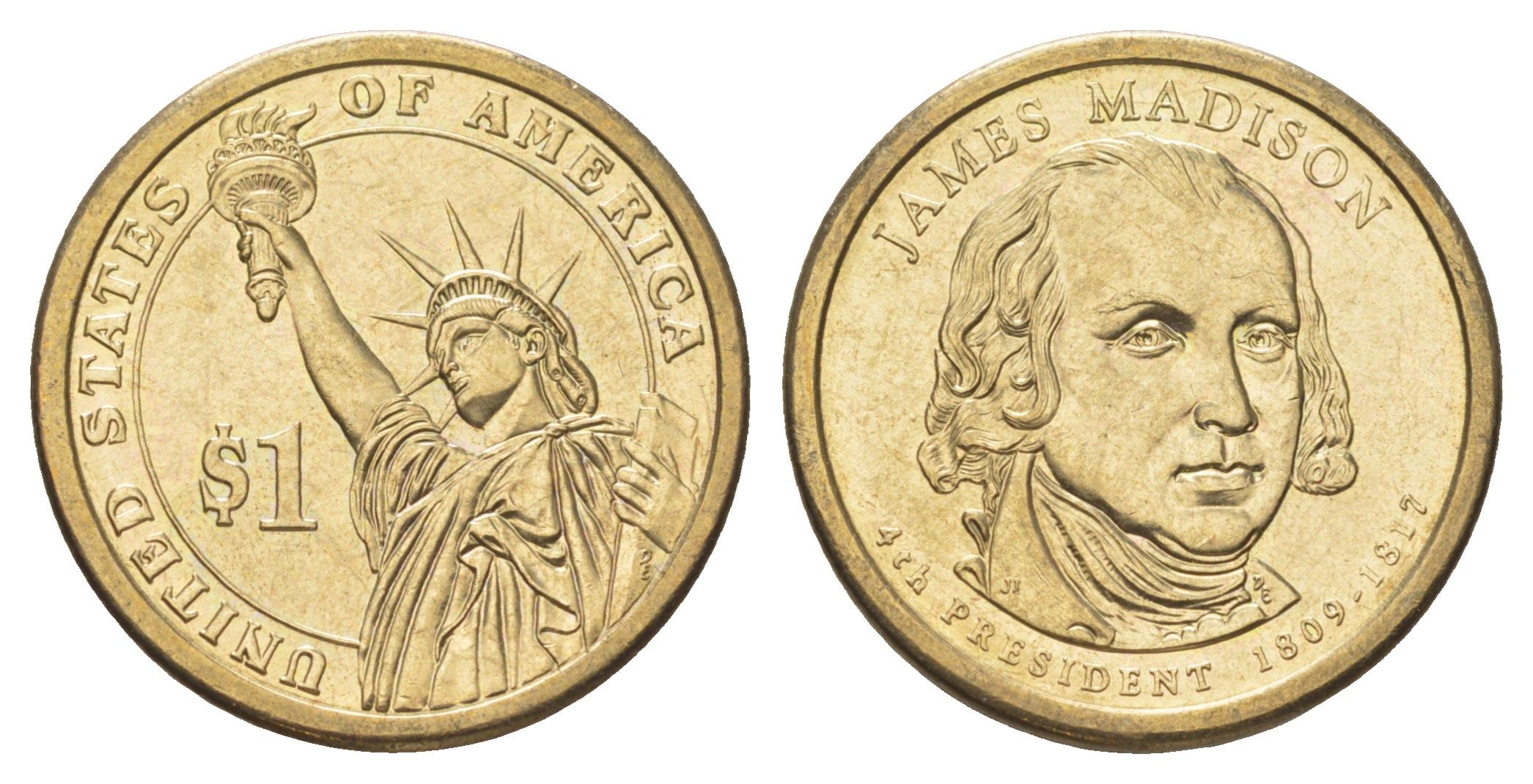 США 1 доллар 2007 D, Президент США - Джеймс Мэдисон (1809-1817) KM 404 медь с марганцево-латунным покрытием UNC 4629-236