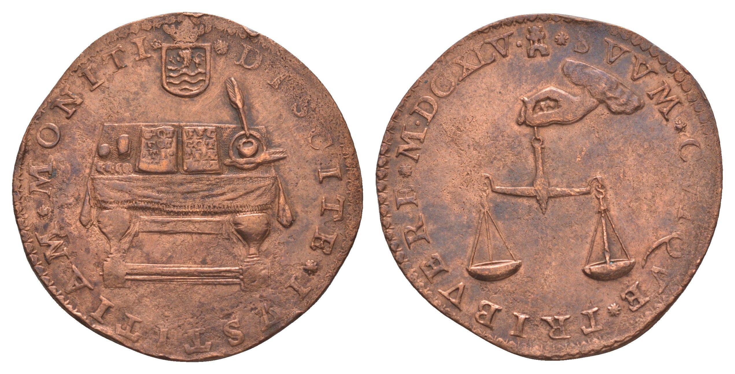 Нидерланды, Голландская республика, Зеландия cчетный жетон, Счетный суд 1645 Мидделбург, Письменный стол с открытой книгой и чернильницей с пером, Фемида, диаметр 32,5 мм, вес 7,26 гр медь 1520-823