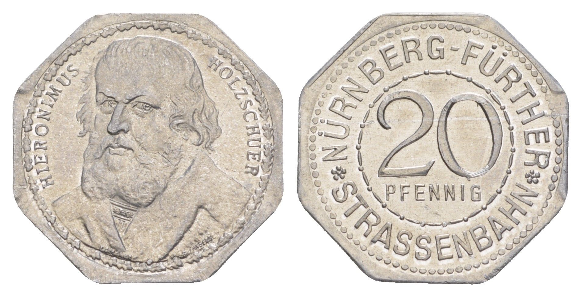 Нюрнберг трамвайный (транспортный) жетон в 20 пфеннигов ND (1920-1921) Портрет Иеронима Хольцшуэра Men05 19256.18, Men18 24102.18 алюминий aUNC 4582-1134