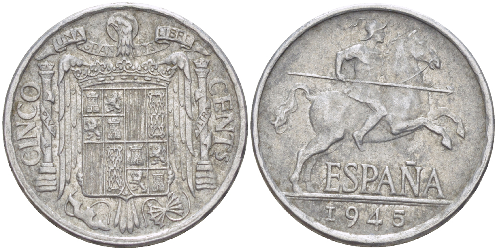 ИСПАНИЯ 5 СЕНТИМО 1945 РЫЦАРЬ НА КОНЕ KM 765алюминий4181-1038
