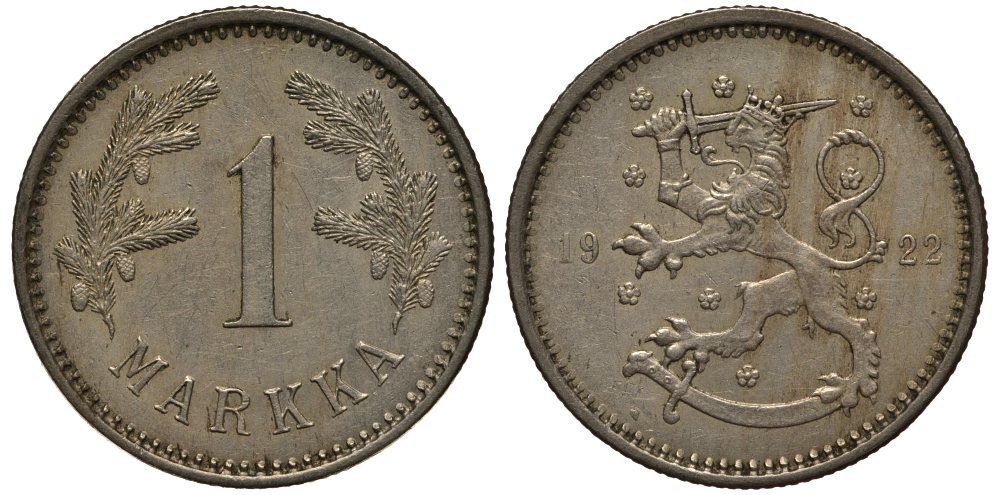 ФИНЛЯНДИЯ 1 МАРКА 1922 KM 27 медно-никель 28-142