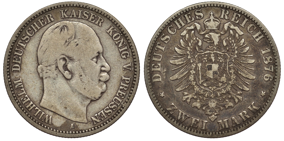 Пруссия 2 марки 1876 A, Вильгельм I (1861-1888) Weege 96, J. 96, KM 506 серебро 02-014-11