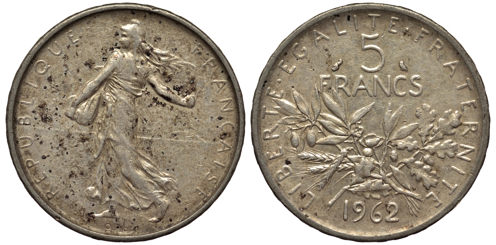 Франция 5 франков 1962 сеятель KM 926, LE FRANC 340.6 серебро 413-3345