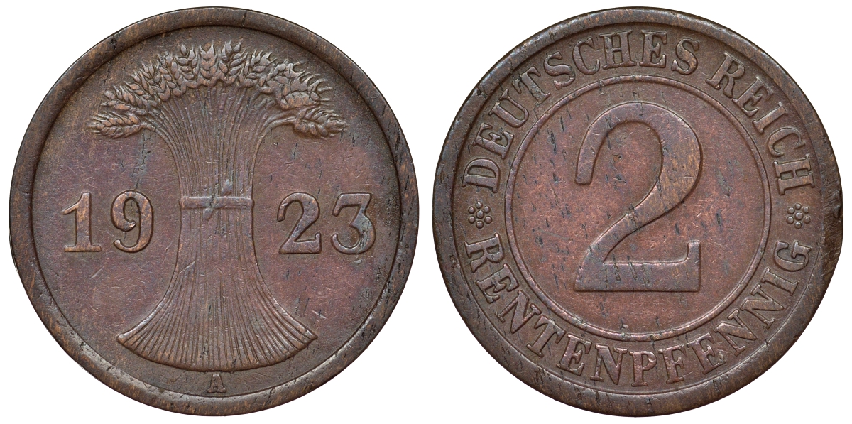 Германия 2 рентенпфеннига 1923 А KM 31, J. 307 бронза 71-1056
