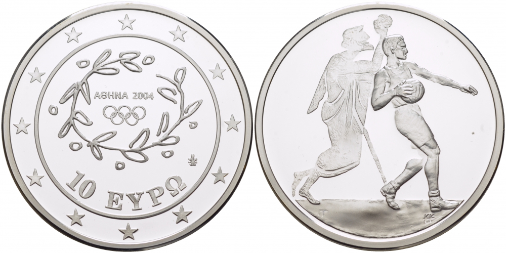 Греция 10 евро 2004 XXVIII летние Олимпийские игры 2004 года в Афинах, гандбол KM 205 серебро PROOF 1074-6-12