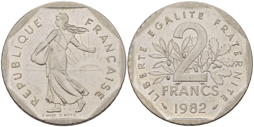 ФРАНЦИЯ 2 ФРАНКА 1982 СЕЯТЕЛЬ KM 942.1, LE FRANC 272.6 никель 34-214