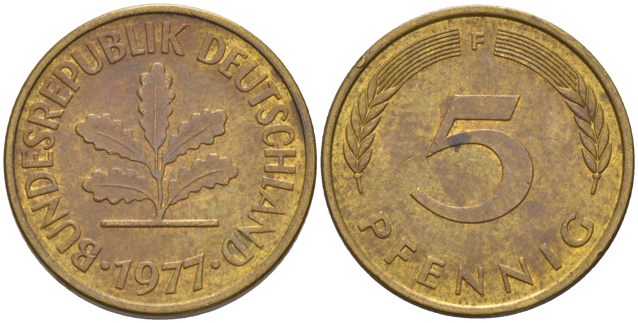 ФРГ 5 пфеннигов 1977 F KM 107, J. 382 сталь плакированная латунью 4514-935