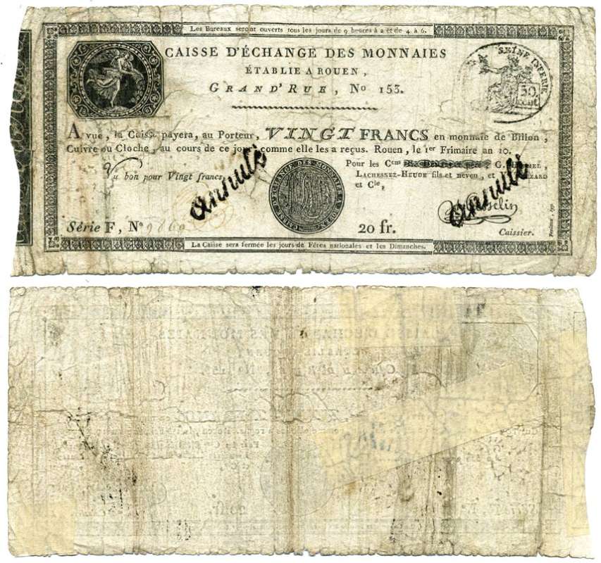 ФРАНЦИЯ 20 ФРАНКОВ 1797 АССИГНАЦИЯ (CAISSE D'ECHANGE DES MONNAIS, ROUEN), AN 10, С ШТАМПОМ ПОГАШЕНО, ОБМЕНИВАЕТСЯ НА ЛЮБУЮ МЕТАЛИЧЕСКУЮ (СЕРЕБРЯННУЮ И ДР.) МОНЕТУ, В ОБМЕННОЙ КАССЕ В ЧАСЫ ЕЁ РАБОТЫ, КРОМЕ ВЫХОДНЫХ И ГОСУДАРСТВЕННЫХ ПРАЗДНИКОВ Pick S245а б