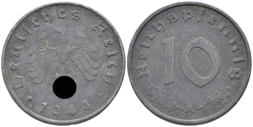 ГЕРМАНИЯ 10 РЕЙХСПФЕННИГОВ 1944 A KM 101, J. 371 цинк 4401-523