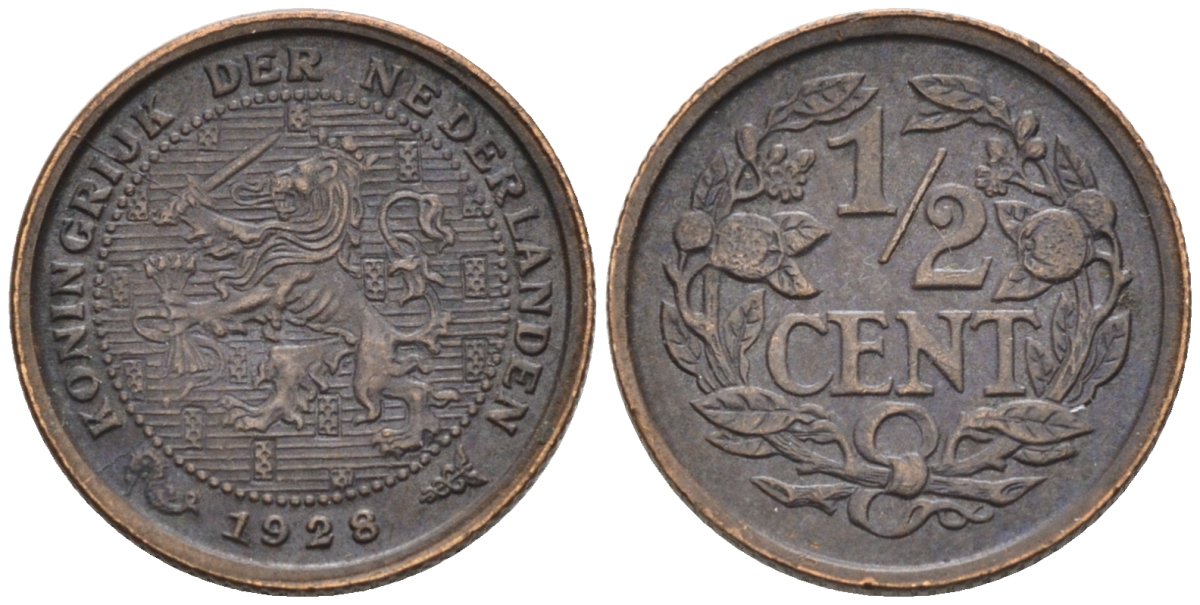 Нидерланды 1/2 цента 1928 Вильгельмина (1890-1948) KM 138 бронза 4576-514
