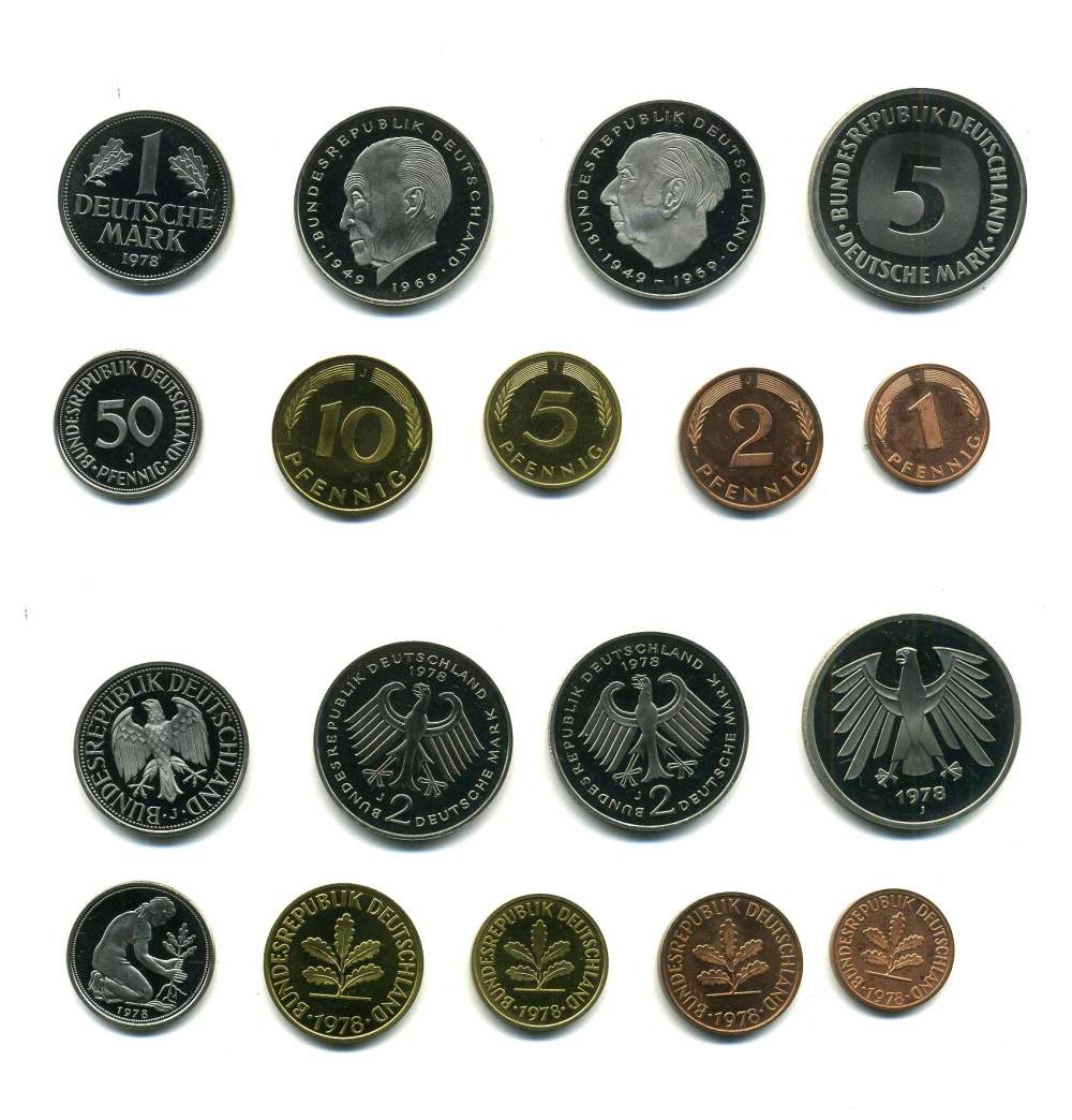 ФРГ набор из 9 монет 1978 J (1, 2, 5, 10, 50 пфеннигов, 1, 2, 2, 5 марок) PROOF N5-29