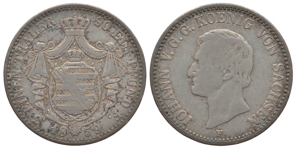 Саксония 1/3 талера 1859 F, Иоганн (1854-1873) KM 1198, Jaeger 114, AKS 139 серебро 413-5711