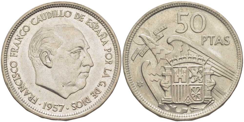 ИСПАНИЯ 50 ПЕСЕТ 1958 ГОД 1957, ФРАНЦИСКО ФРАНКО KM 788 медно-никель 3334-125