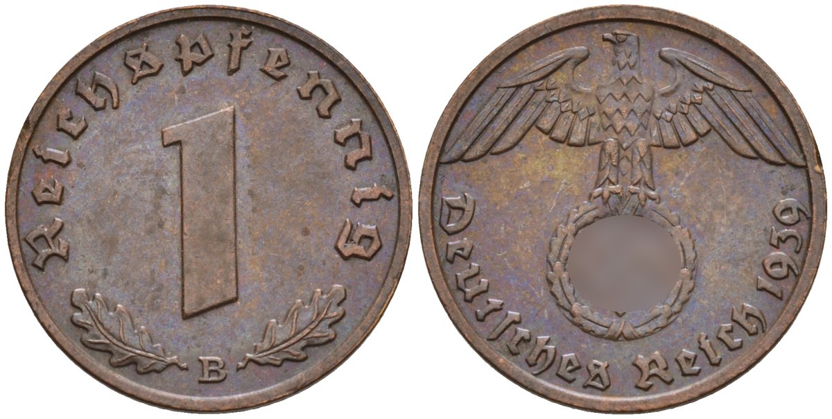 Германия 1 рейхспфенниг 1939 B KM 89, J. 361 бронза 4147-1167