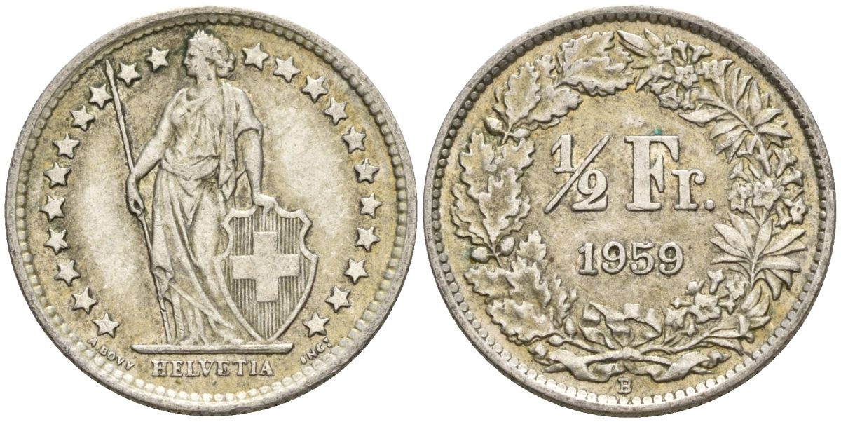 Швейцария 1/2 франка 1959 B KM 23 серебро 4608-517