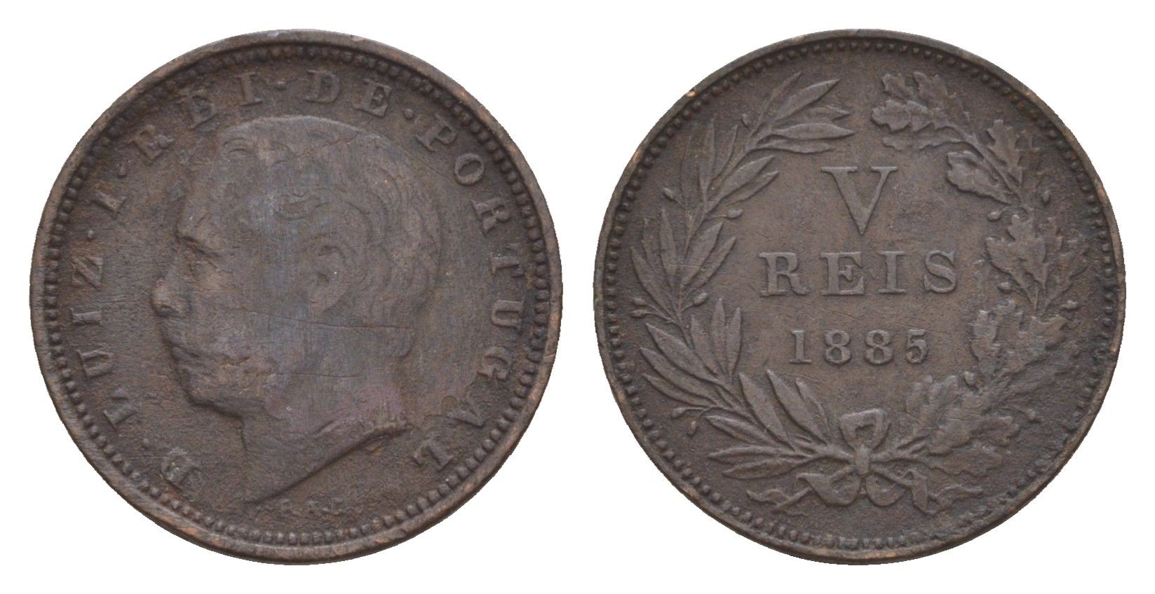 Португалия 5 реалов (рейсов) 1885 Луиш I (1861-1889) KM 525 бронза 4658-827