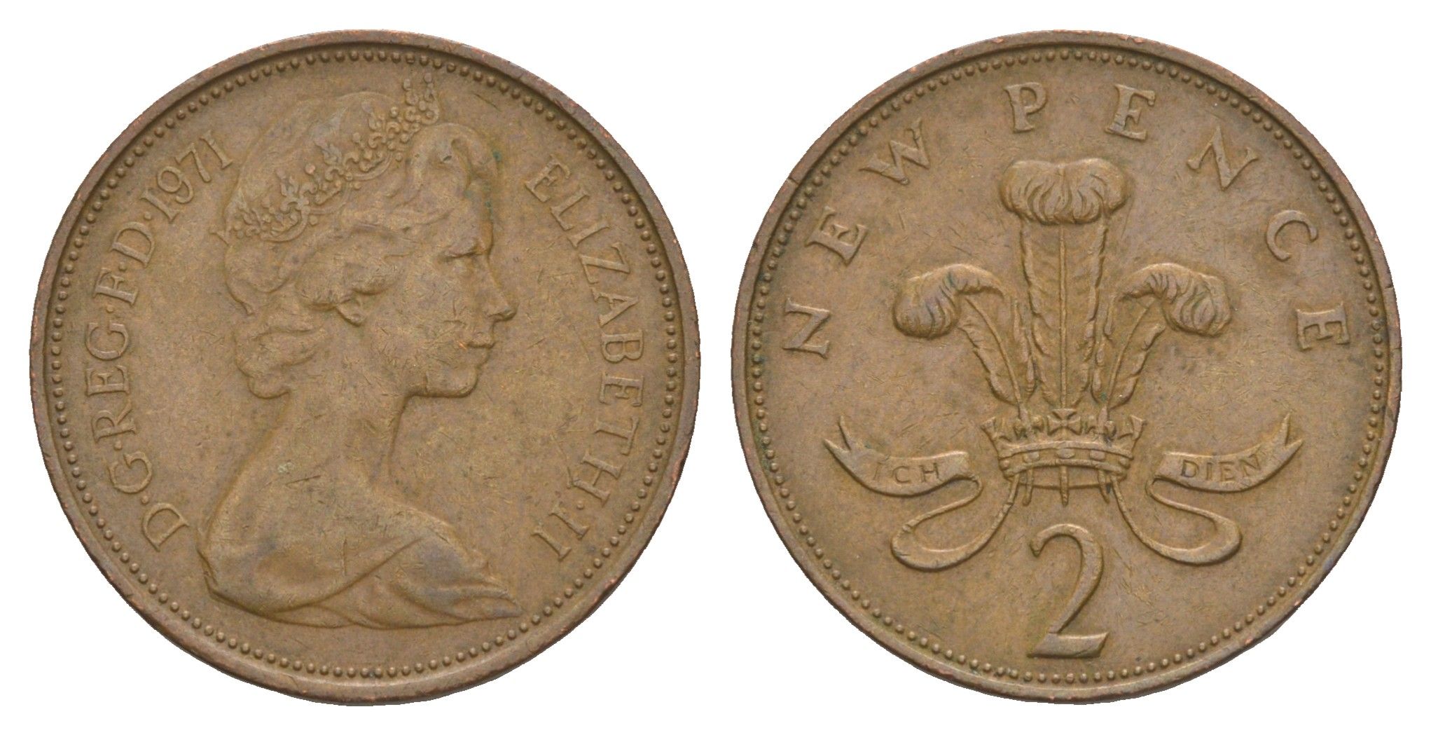 Великобритания 2 пенса 1971 Елизавета II (1952-2022) KM 916, Spink 4235 (C1) бронза 4153-1135