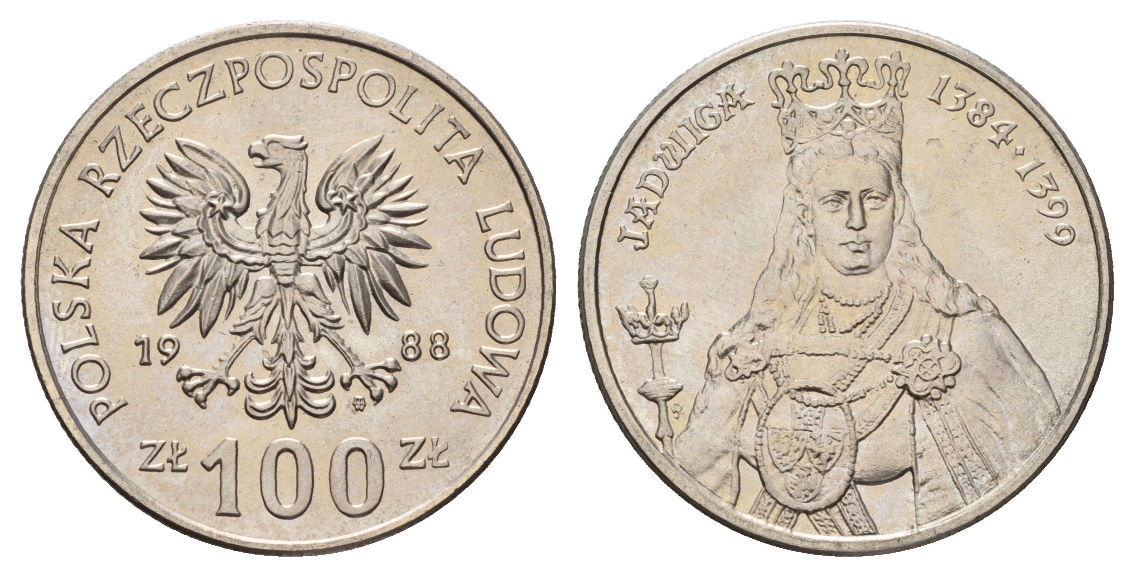 Польша 100 злотых 1988 MW, серия Польские короли, Королева Ядвига Y 183 медно-никель UNC 4653-811