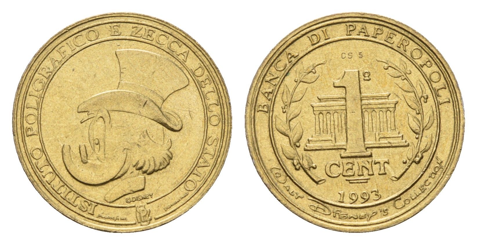 Италия детский игровой жетон - 1 цент 1993 Голова Скруджа Макдака, диаметр 20 мм, вес 3,6 гр бронза 4669-269