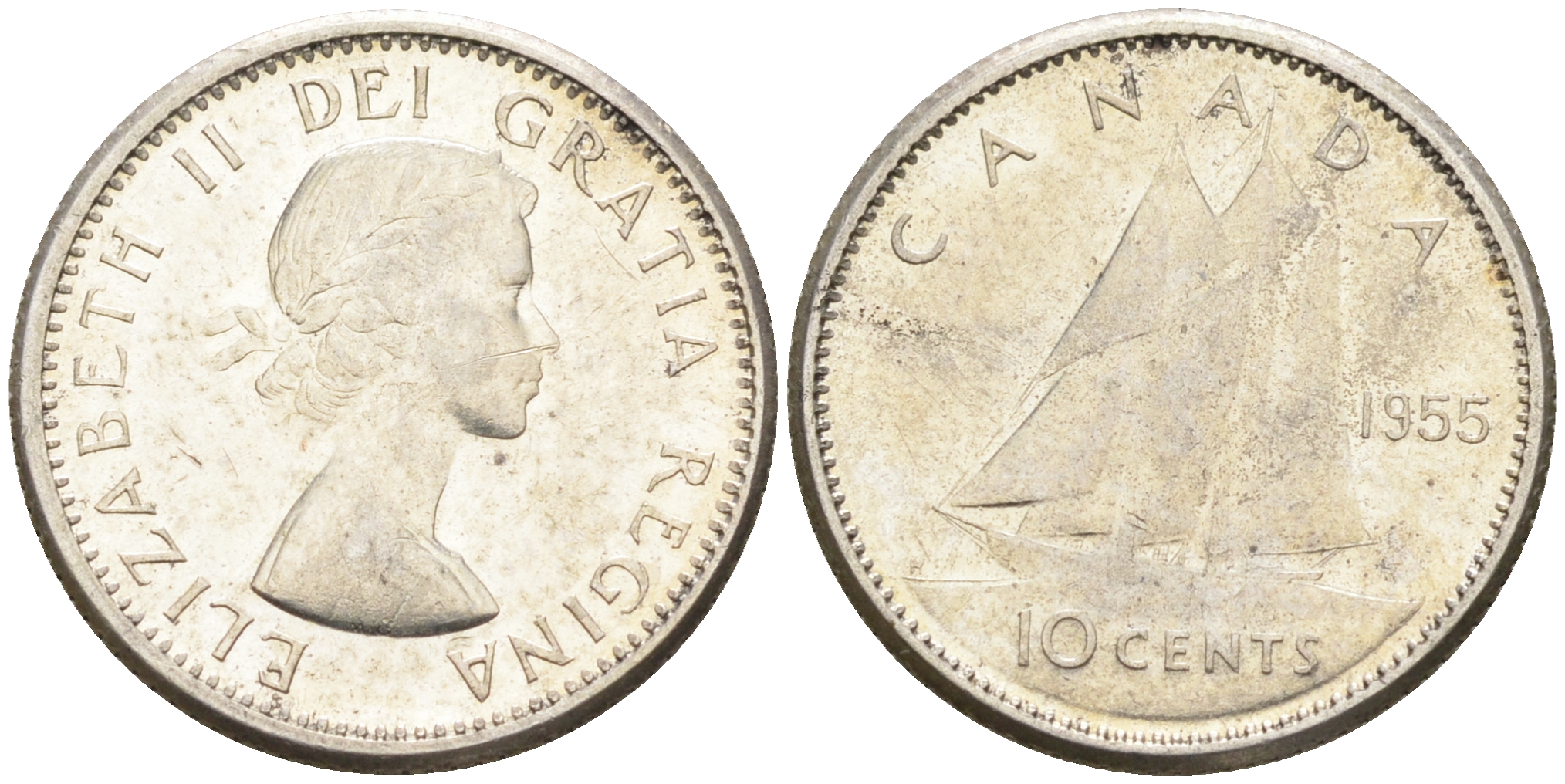 Канада 10 центов 1955 Елизавета II (1952-2022), парусник KM 51 серебро        4147-341