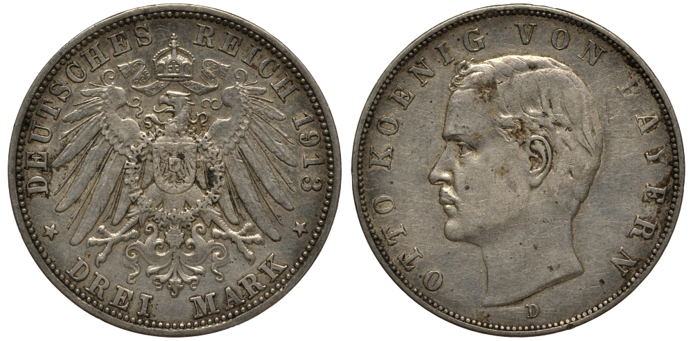 Бавария 3 марки 1913 Отто (1886-1913) Weege 45, J. 47, KM 515 серебро 3711-2121
