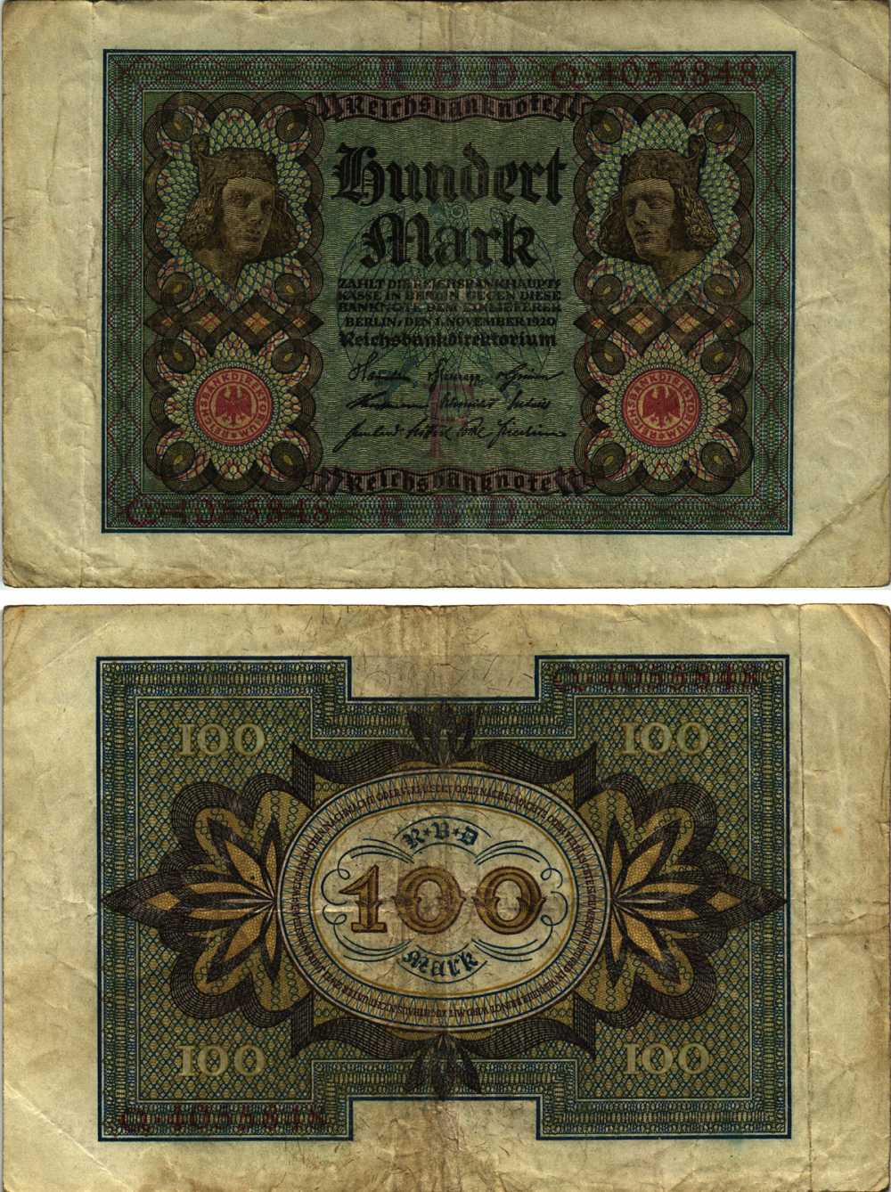 ГЕРМАНИЯ 100 МАРОК 1920 1 НОЯБРЯ 1920, СЕМИЗНАЧНЫЙ НОМЕР, БУКВА F Pick 69а бумага 8609-53-1