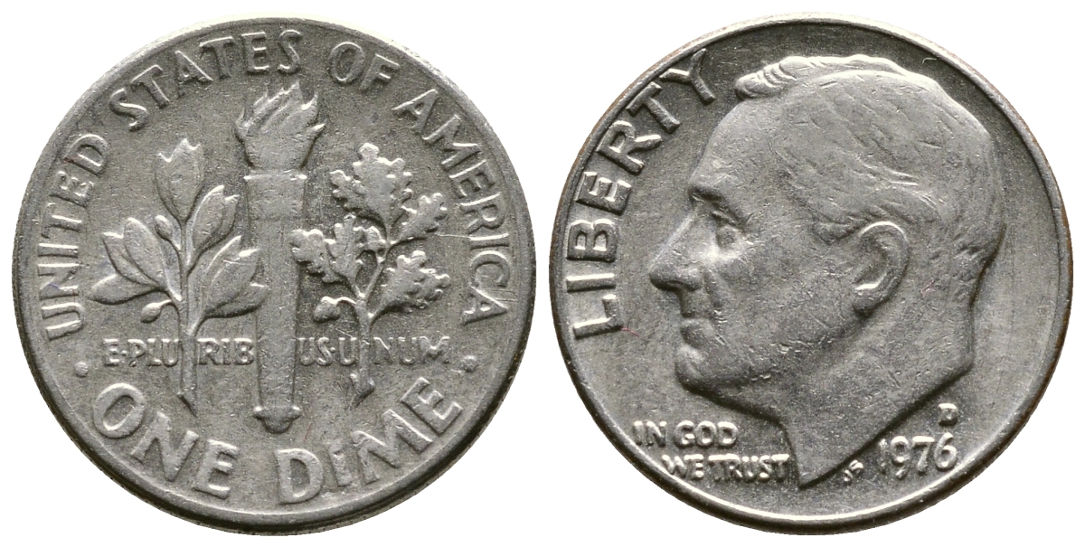 США 10 ЦЕНТОВ = 1 ДАЙМ 1976 D, РУЗВЕЛЬТ KM 195а медь плакированная медно-никелем 73-1722