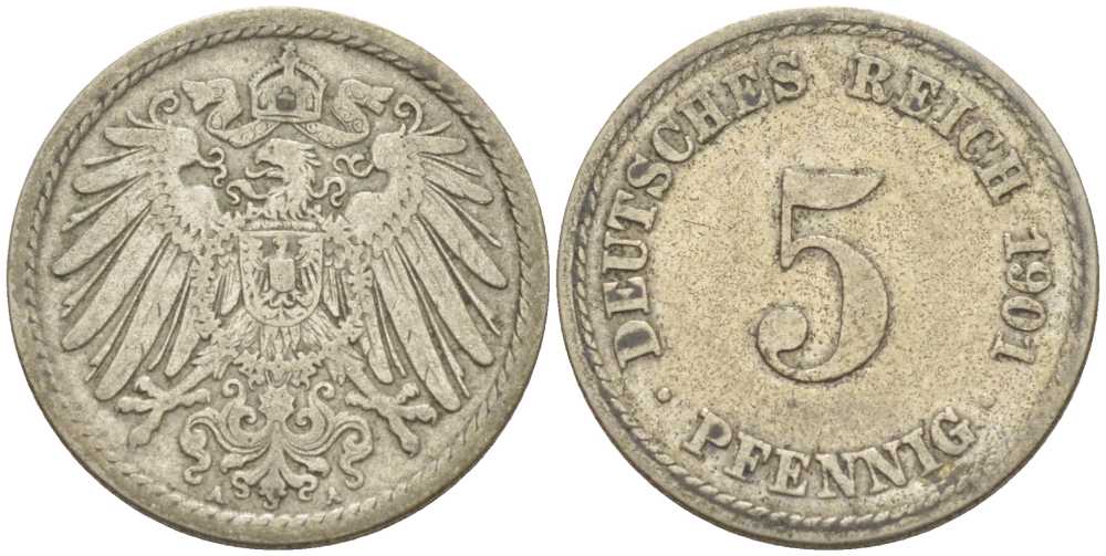 ГЕРМАНИЯ 5 ПФЕННИГОВ 1901 A KM 11, J. 12, Weege 6 медно-никель 206-929
