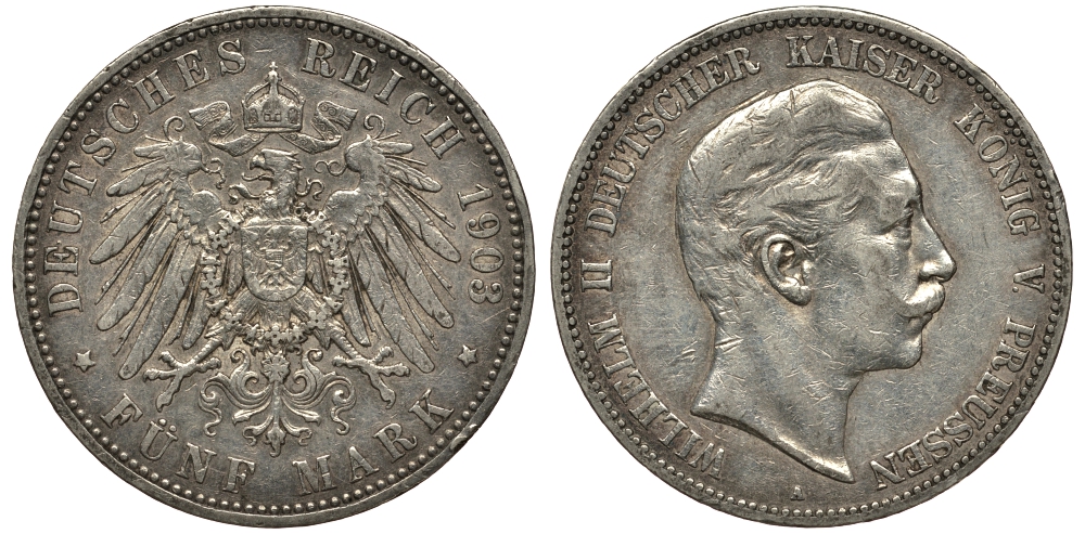Пруссия 5 марок 1903 Вильгельм II (1888-1918) KM 523, J.104 серебро    413-5425