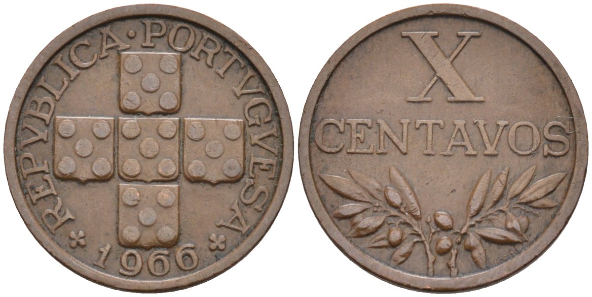 Португалия 10 сентаво 1966 KM 583 бронза 4588-445