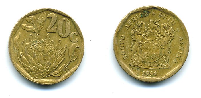 ЮАР 20 центов 1994 герб, цветок протея KM 136 сталь плакированная латунью 4364-1146
